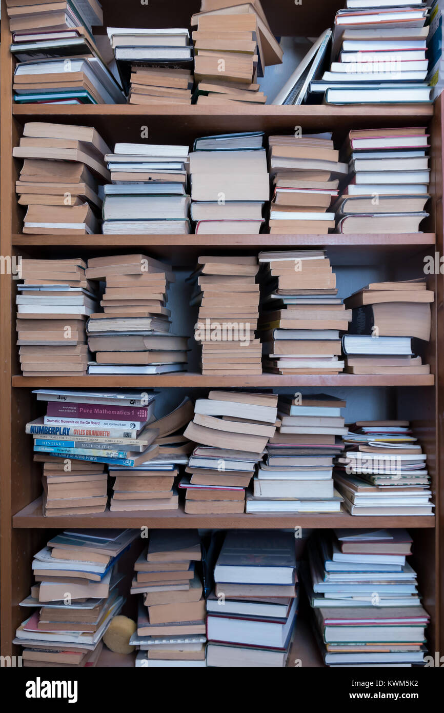 Un gran numero di libri su uno scaffale Foto Stock