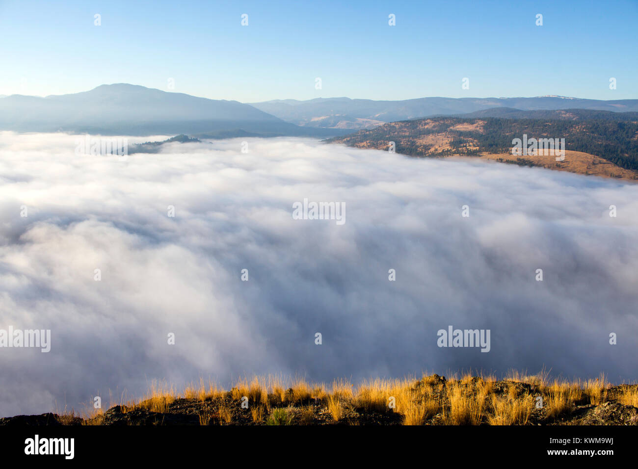 Al di sopra della mattina nebbia sunrise nuvole dal gigante della montagna di testa si trova in Summerland, British Columbia, Canada. Foto Stock