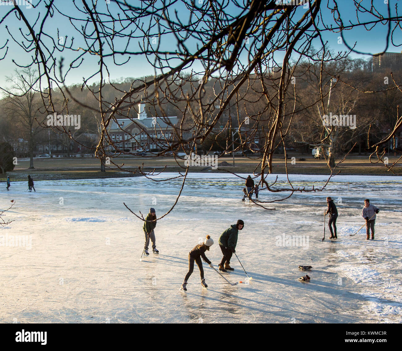 I giocatori di hockey su un laghetto congelato Foto Stock