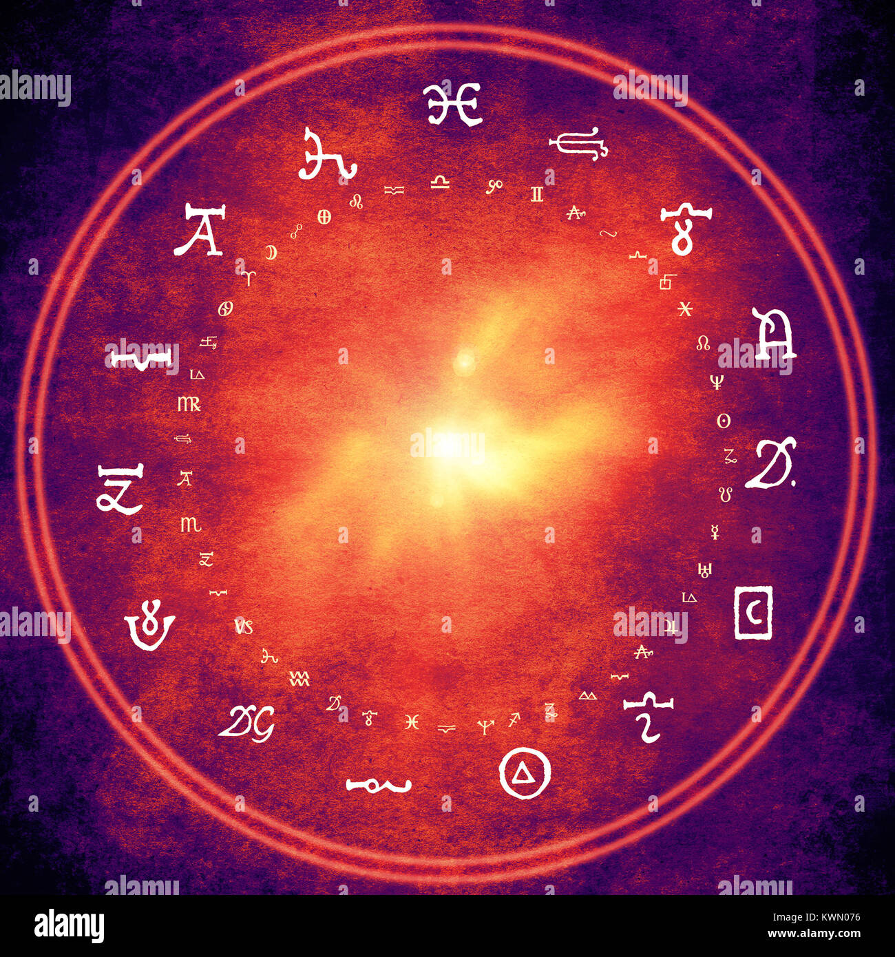 Ruota con alchimia e simboli di astrologia Foto Stock