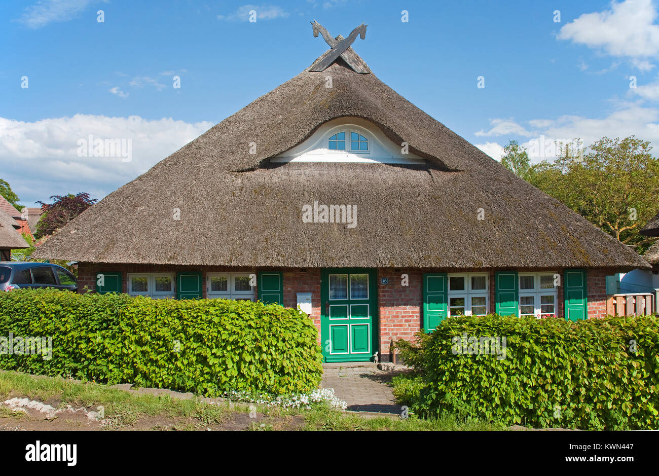 Tipica con tetto di paglia casa di Wustrow, Fishland, Meclemburgo-Pomerania, Mar Baltico, Germania, Europa Foto Stock