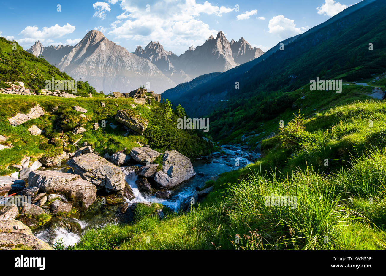 Flusso tra le rocce in valle erbosa. splendida estate paesaggio composito con Alti Tatra montagna cresta in una distanza Foto Stock