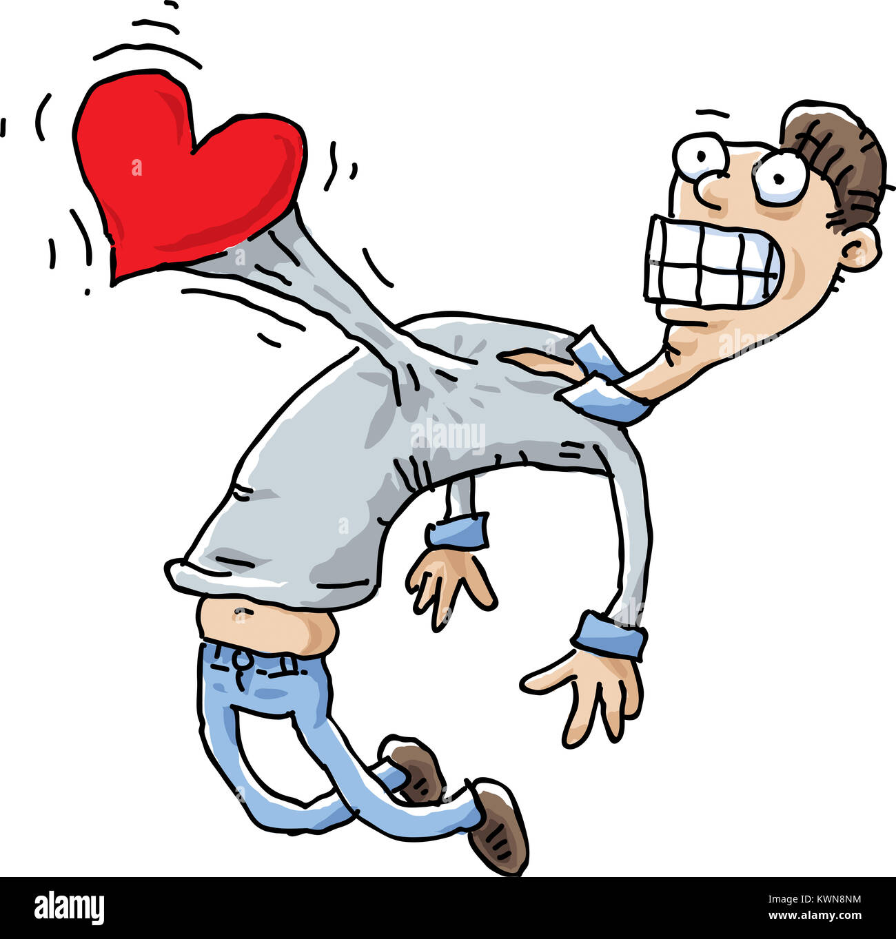 Un cartone animato il cuore dell'uomo battendo al di fuori del suo petto. Foto Stock