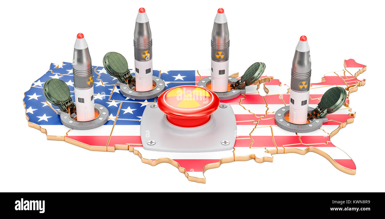Nucleare americano concetto del pulsante. Stati Uniti d'America missile lancia dal suo silo sotterraneo impianto di lancio, rendering 3D Foto Stock