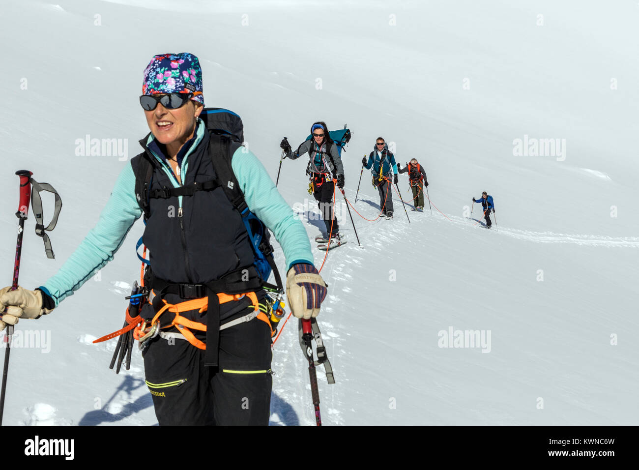 Sci alpinisti cordata insieme per la sicurezza da crepacci utilizzare pelli sintetiche sugli sci a salire in salita; Rongé isola; penisola Arctowski; Antartide Foto Stock