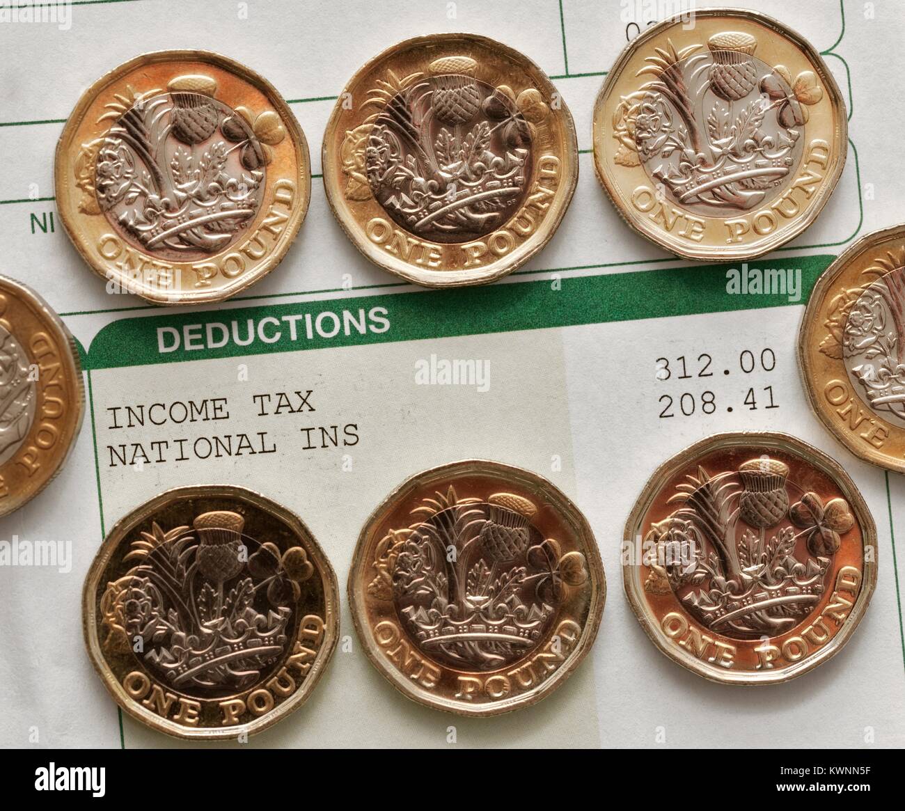 Le imposte sul reddito nazionale dei pagamenti assicurativi su una busta paga con il nuovo una libbra di monete Foto Stock