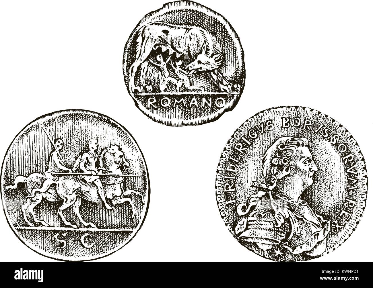 Impostare monete antiche o denaro. romana e greca premio in contanti. incisi disegnati a mano nel vecchio sketch, in stile vintage. Illustrazione Vettoriale