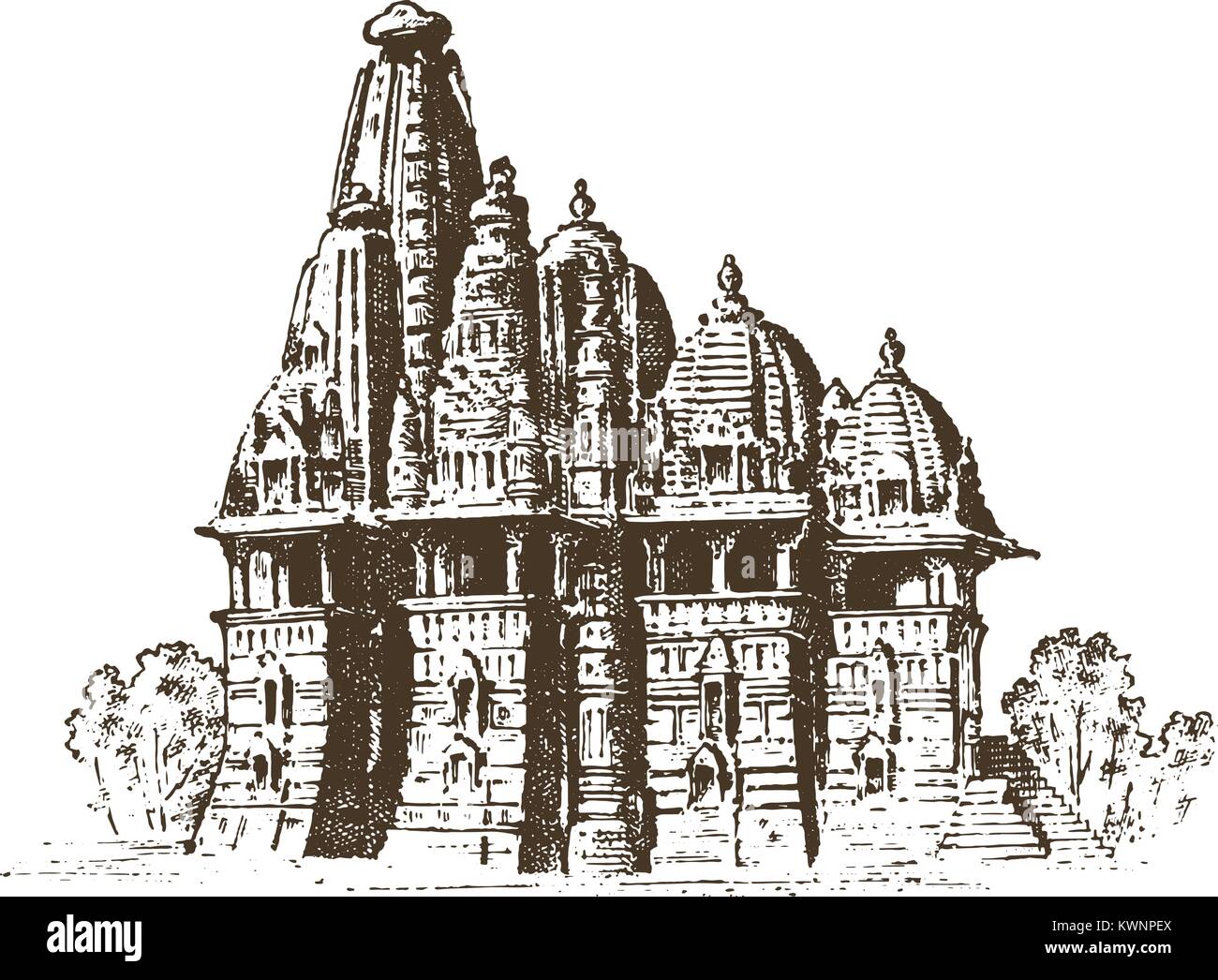 Punto di riferimento dell'architettura indiana, religiosa tradizionale tempio indù. incisi disegnati a mano nel vecchio sketch, in stile vintage. Mumbai, Bangalore, Ahmedabad. Illustrazione Vettoriale