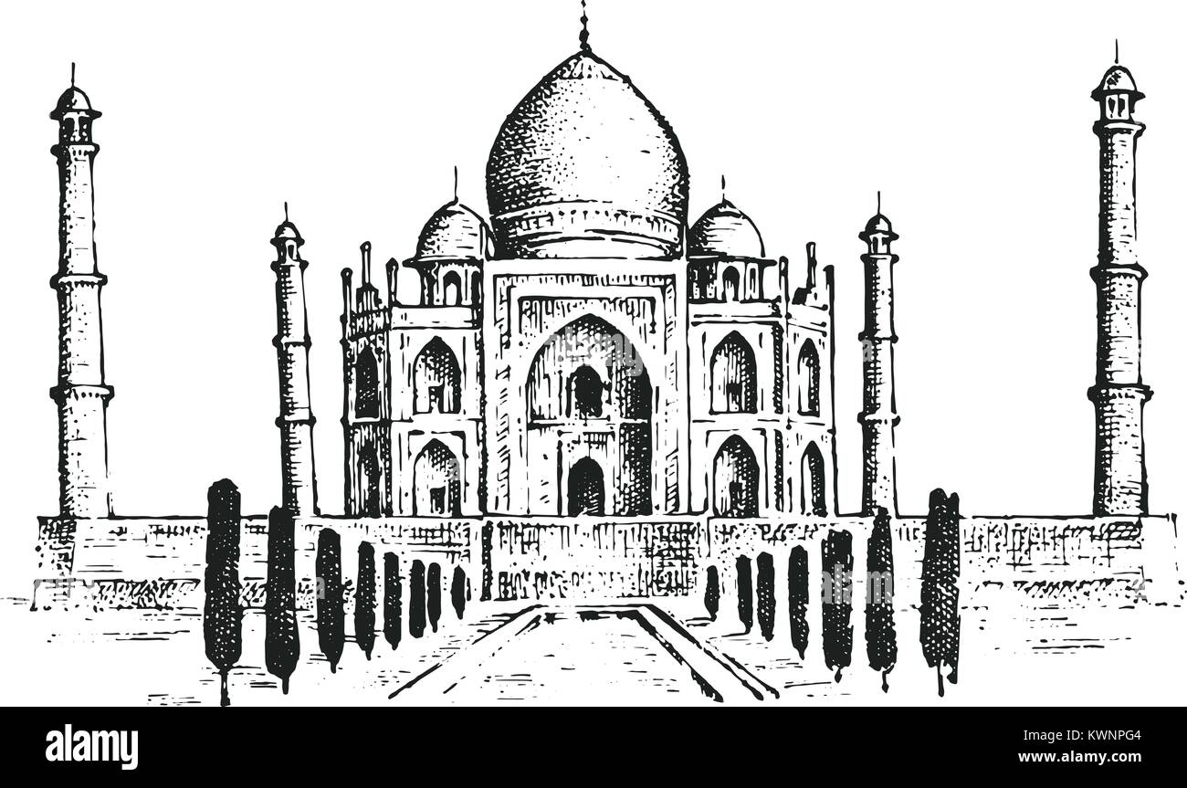 Taj Mahal un palazzo antico in India. landmark o architettura, tempio indù. Mausoleo tradizionale-moschea. incisi disegnati a mano nel vecchio sketch, in stile vintage. Agra sulla banca del fiume Yamuna. Illustrazione Vettoriale