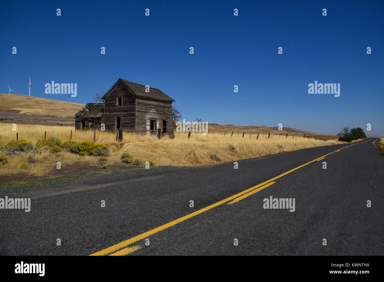 Abbandonato casa in legno in un campo della prateria dietro un recinto accanto a una strada principale con la linea gialla iscrizioni in stato di Washington, USA Foto Stock