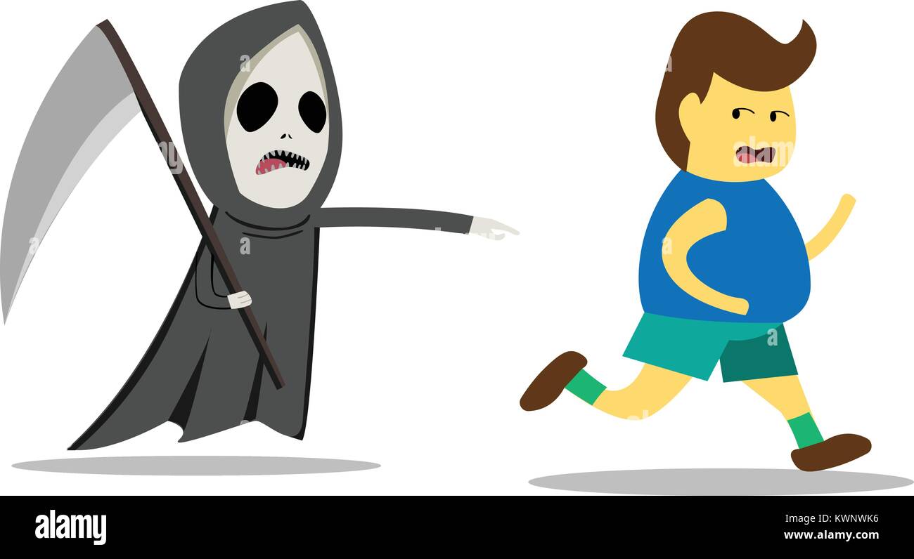 La morte è la migliore motivazione per la perdita di peso, uomo grasso eseguire sempre da Grim Reaper, vettore Illustrazione Vettoriale