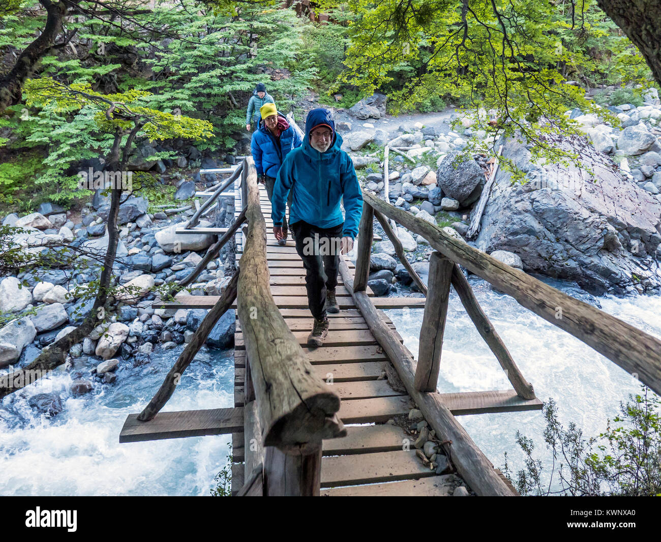 Trekker attraversando una passerella di legno in tutta Rio Ascencio; El Chileno camp site; Parco Nazionale Torres del Paine; Cile Foto Stock