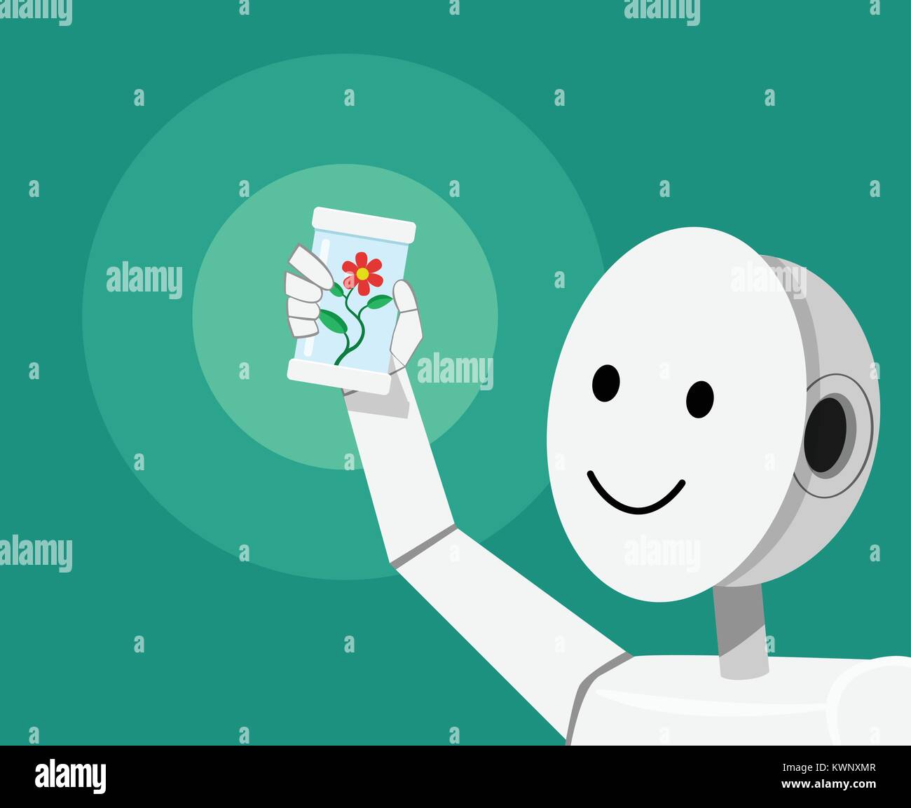 Scienziato robot umanoide scoprire un nuovo impianto, disegno vettoriale Illustrazione Vettoriale