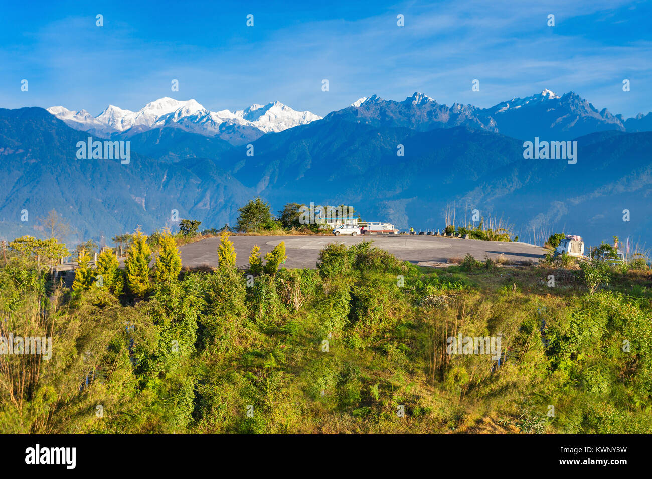 Punto di vista Kangchenjunga in ortografia in Occidente il Sikkim, India Foto Stock