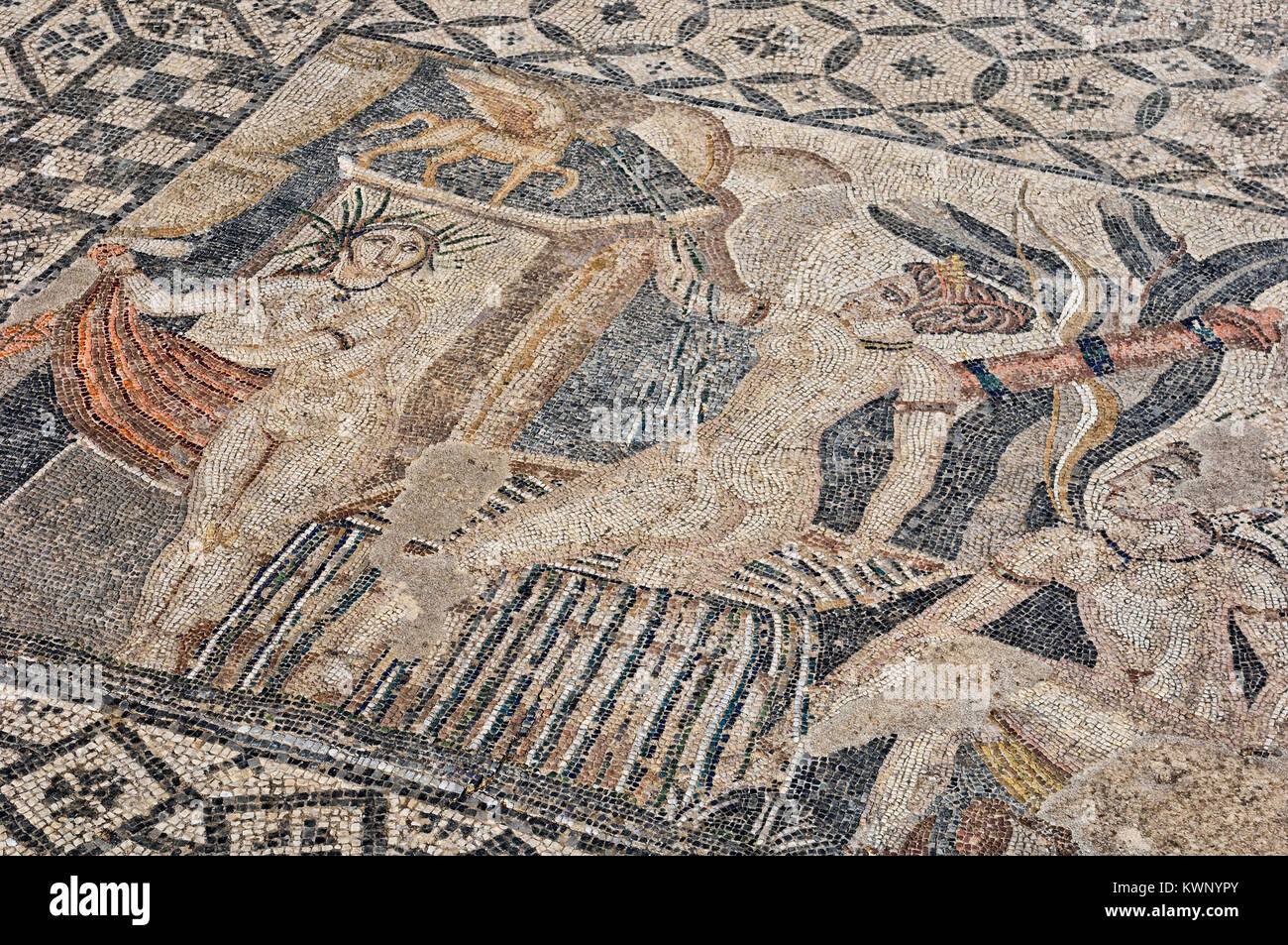 Diana e le ninfe di balneazione mosaico presso l'antica città romana di Volubilis. Il Marocco, Africa del Nord Foto Stock
