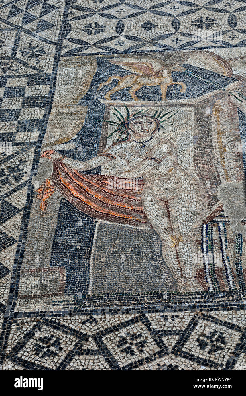 Diana e le ninfe di balneazione mosaico presso l'antica città romana di Volubilis. Il Marocco, Africa del Nord Foto Stock
