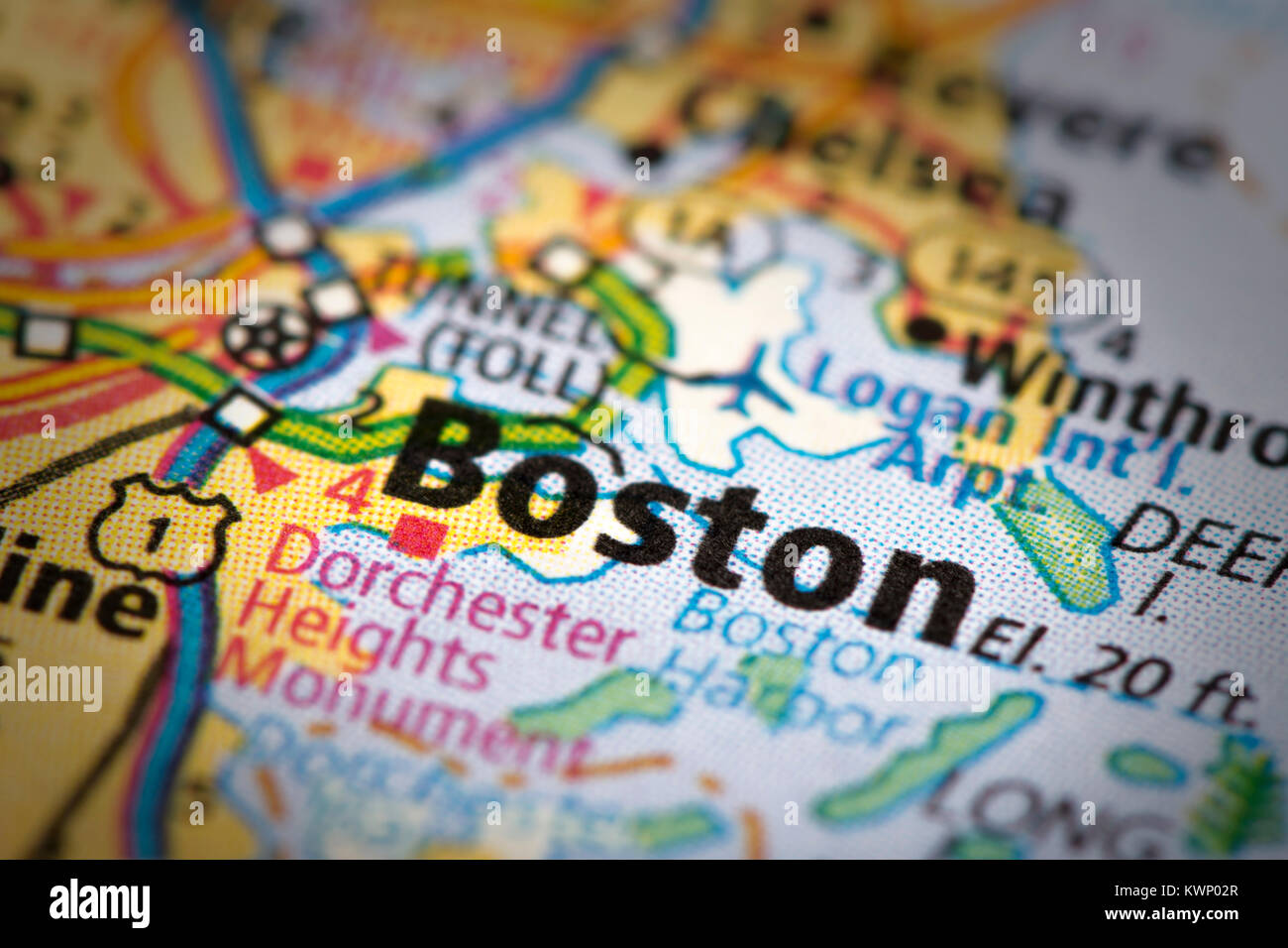 Primo piano di Boston, Massachusetts su una mappa stradale degli Stati Uniti. Foto Stock