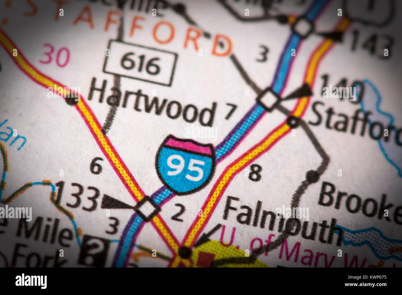 Primo piano della Interstate 95 in Virginia su una mappa stradale degli Stati Uniti. Foto Stock
