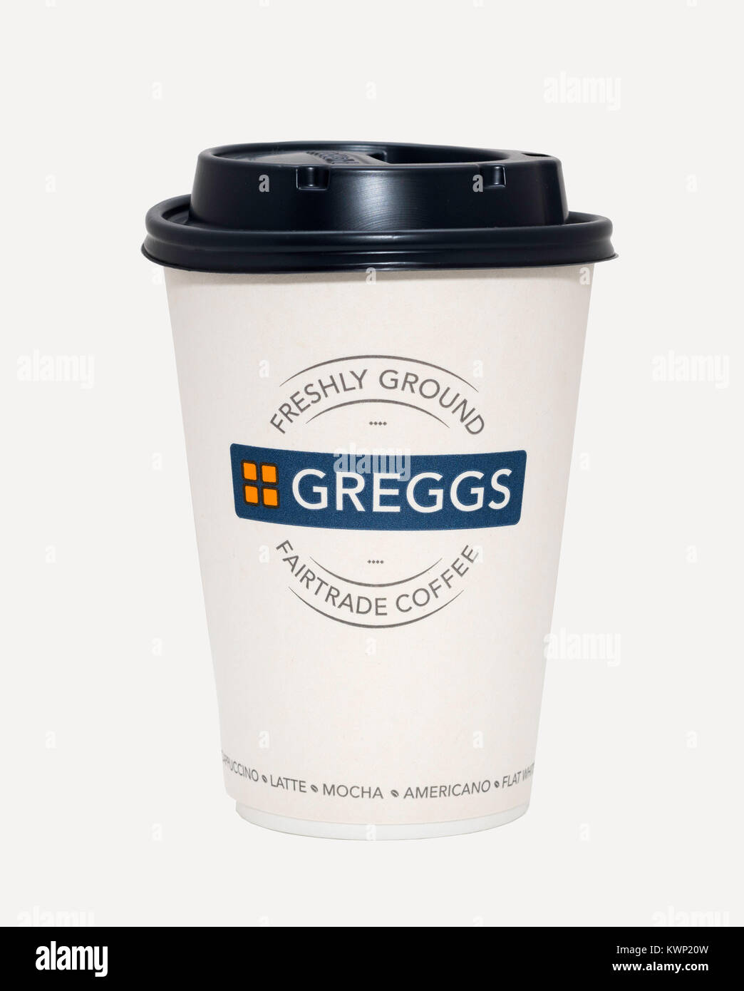 Greggs carta monouso tazza da caffè con coperchio, REGNO UNITO Foto Stock