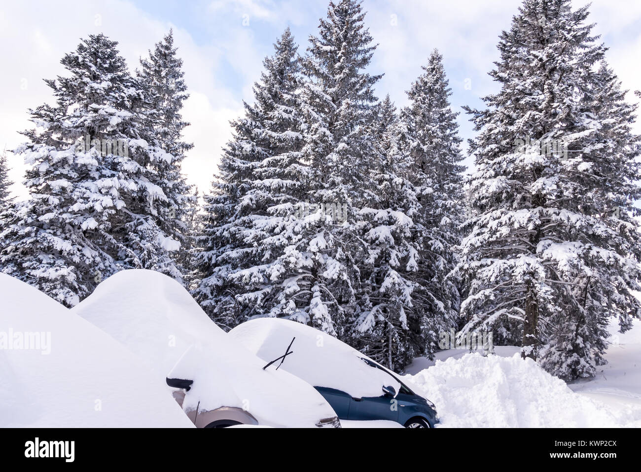 Vetture quasi totalmente sepolti sotto la neve in alpin stazione di sci Foto Stock