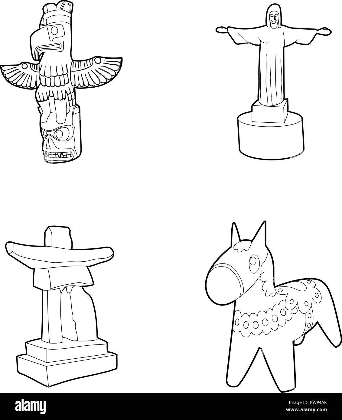 Statua di set di icone di stile di contorno Illustrazione Vettoriale