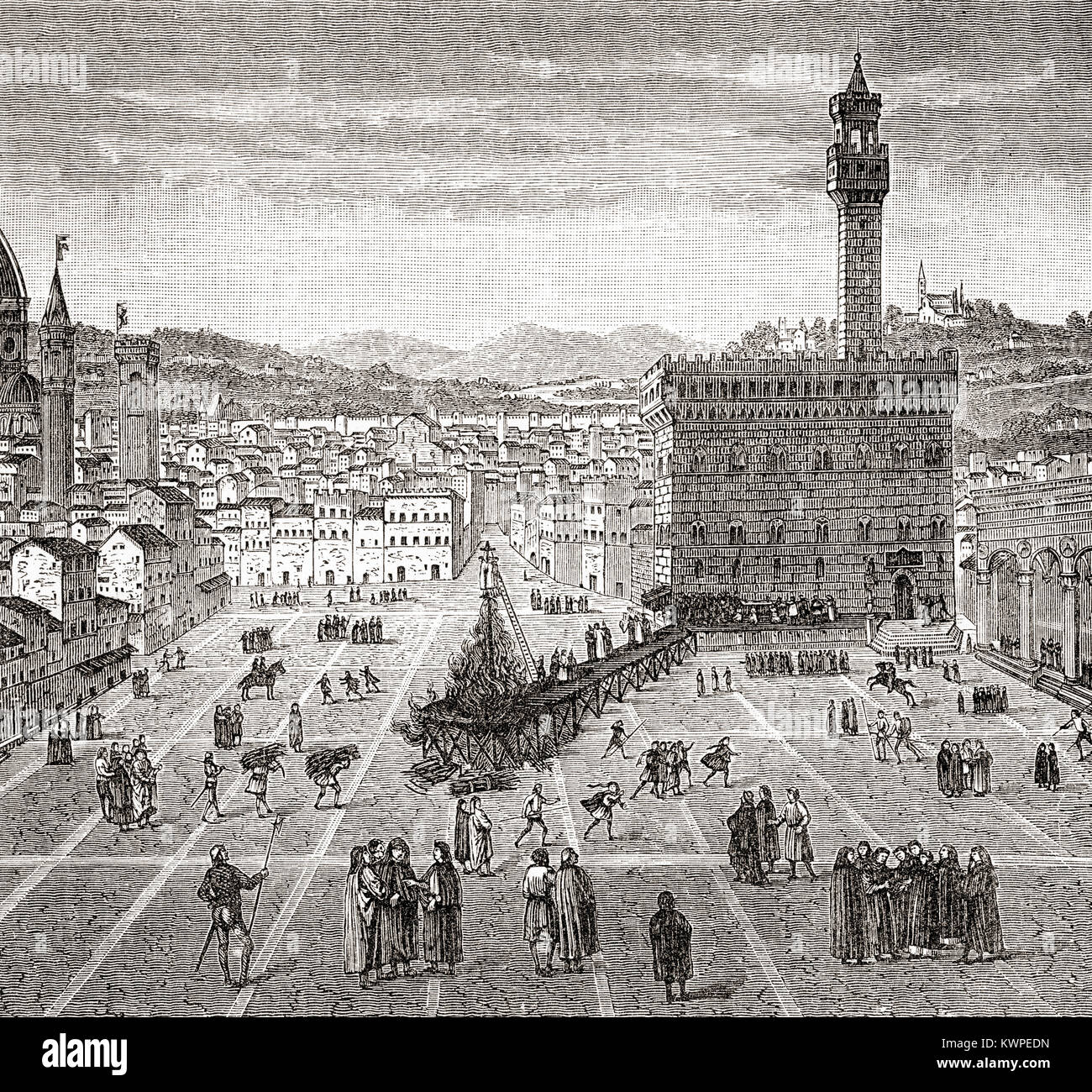 L'esecuzione di Girolamo Savonarola, Piazza della Signoria, Italia. Girolamo Savonarola aka Girolamo Savonarola o Girolamo Savonarola, 1452 - 1498. Italiano sacerdote domenicano. Da Ward e bloccare la storia illustrata del mondo, pubblicato c.1882. Foto Stock