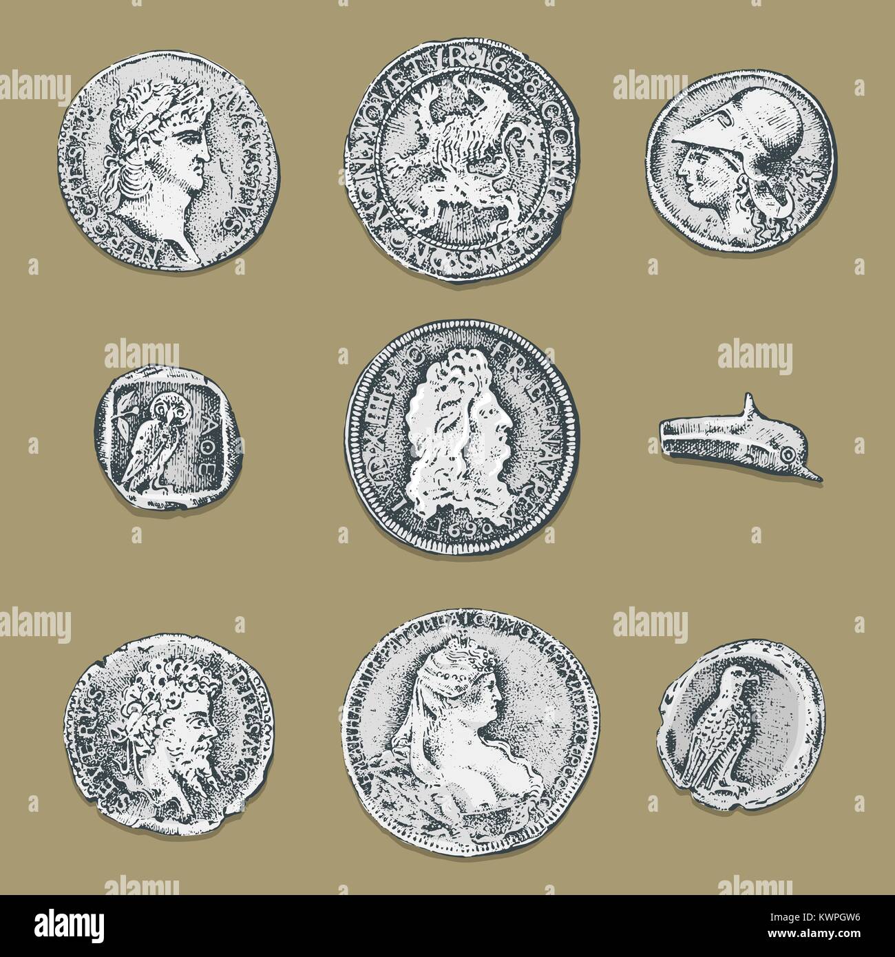 Impostare monete antiche o denaro. romana e greca premio in contanti. incisi disegnati a mano nel vecchio sketch, in stile vintage. Illustrazione Vettoriale