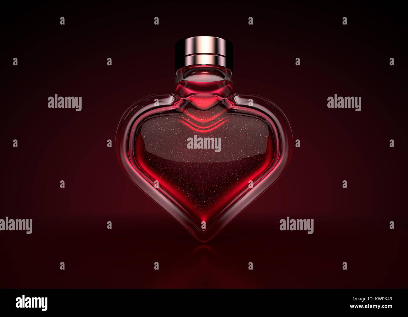 Un concetto di amore che mostra un cuore di vetro a forma di bottiglia di profumo rosso al buio su un sfondo retroilluminato - 3D render Foto Stock