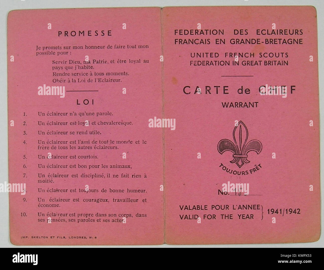 Éclaireurs français en Grande-Bretagne, mouvement scout de la France libre. Leader Scout card Foto Stock
