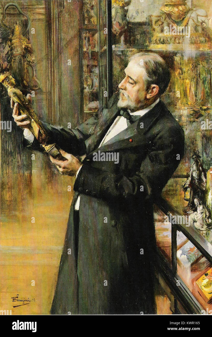 Il dipinto di Ferdinand Jean Luigini del 1898 ritrae Émile Guimet all'interno del Museo Guimet di Parigi, sottolineando la sua dedizione all'arte asiatica e il suo contributo al patrimonio culturale francese. Foto Stock