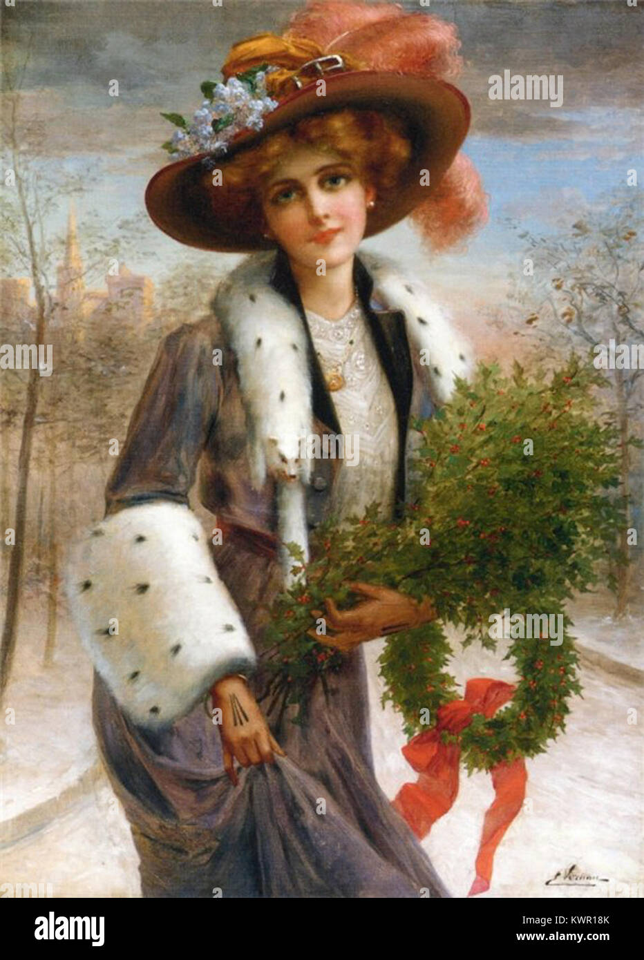 Stampa artistica intitolata "Seasons Greetings" di Émile Vernon, con motivi floreali decorativi e una composizione festosa. Foto Stock