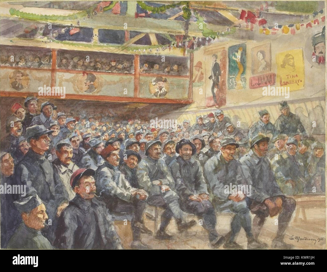 Un'opera del 1916 di Étienne Mondineu che illustra una scena teatrale con figure espressive ed elementi scenici, sottolineando l'interesse dell'artista per il dramma e l'emozione umana. Foto Stock