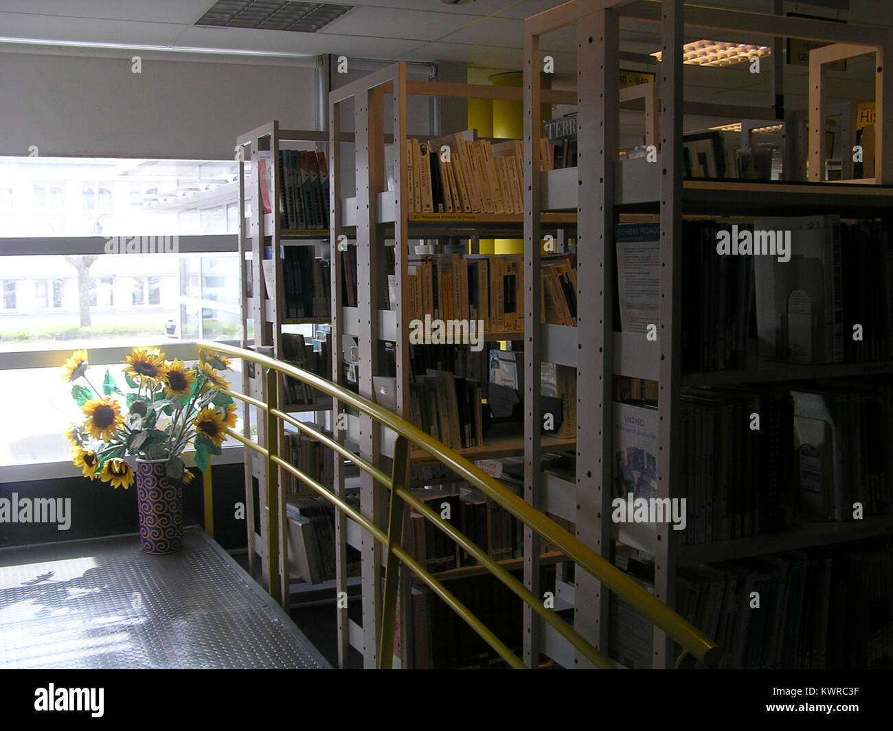 La Bibliothèque de Formation des Maîtres di Brest, Francia, presenta file di scaffali all'interno di una biblioteca di formazione per insegnanti, che enfatizza le risorse accademiche e didattiche. Foto Stock