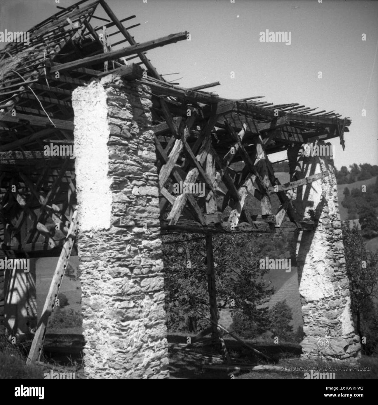 La fotografia cattura la struttura a doppio fienile («toplar») parzialmente collassata a Kaludrovš a Gorenje Jazne, in Slovenia, nel 1954, mostrando l'architettura rurale tradizionale e il processo di decadimento strutturale in un piccolo insediamento. Foto Stock
