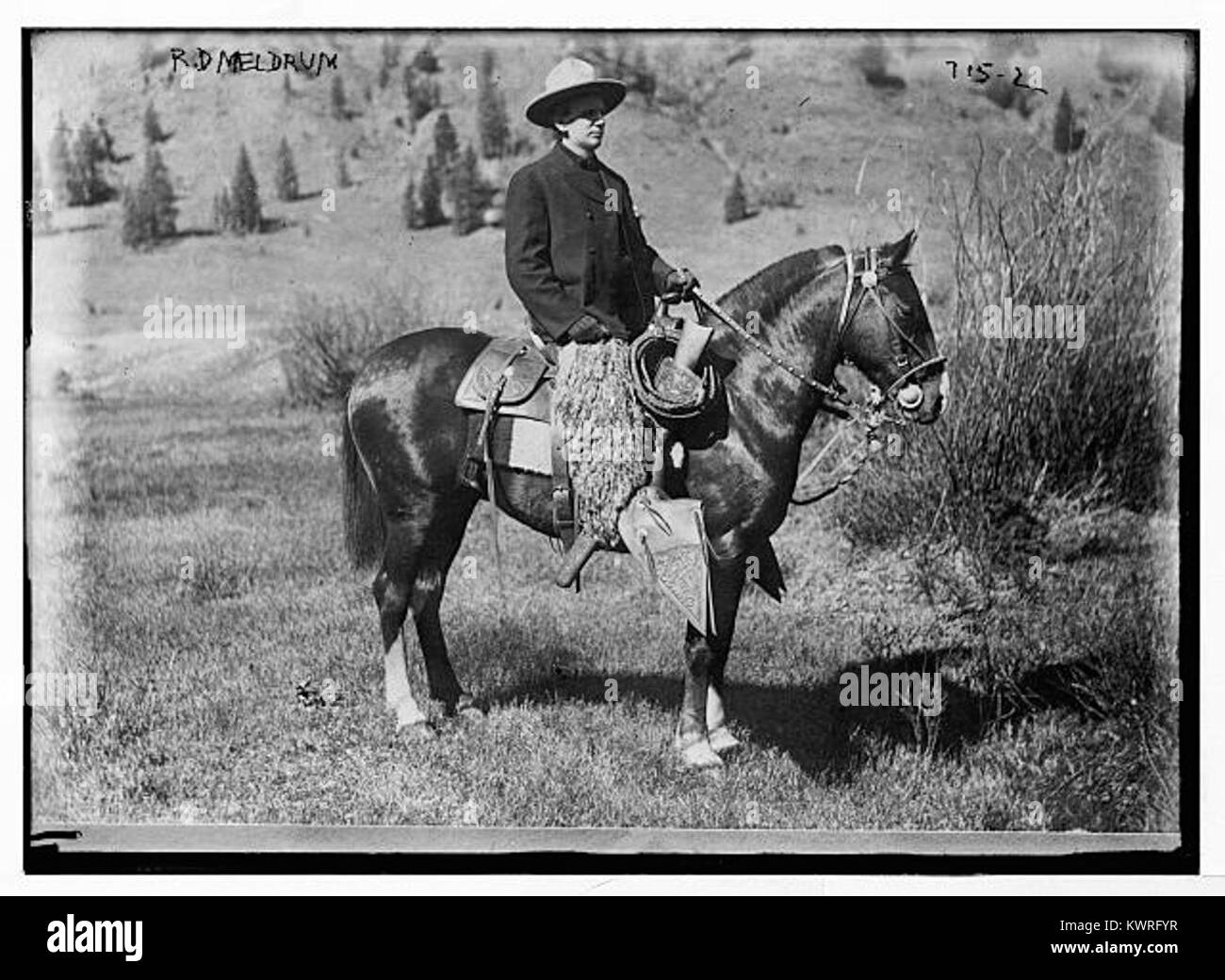 Una fotografia storica di R.D. Meldrum in abbigliamento da cowboy, montata su un quarto di cavallo, che esemplifica l'abbigliamento occidentale, l'abilità equestre e la cultura di frontiera americana. Foto Stock