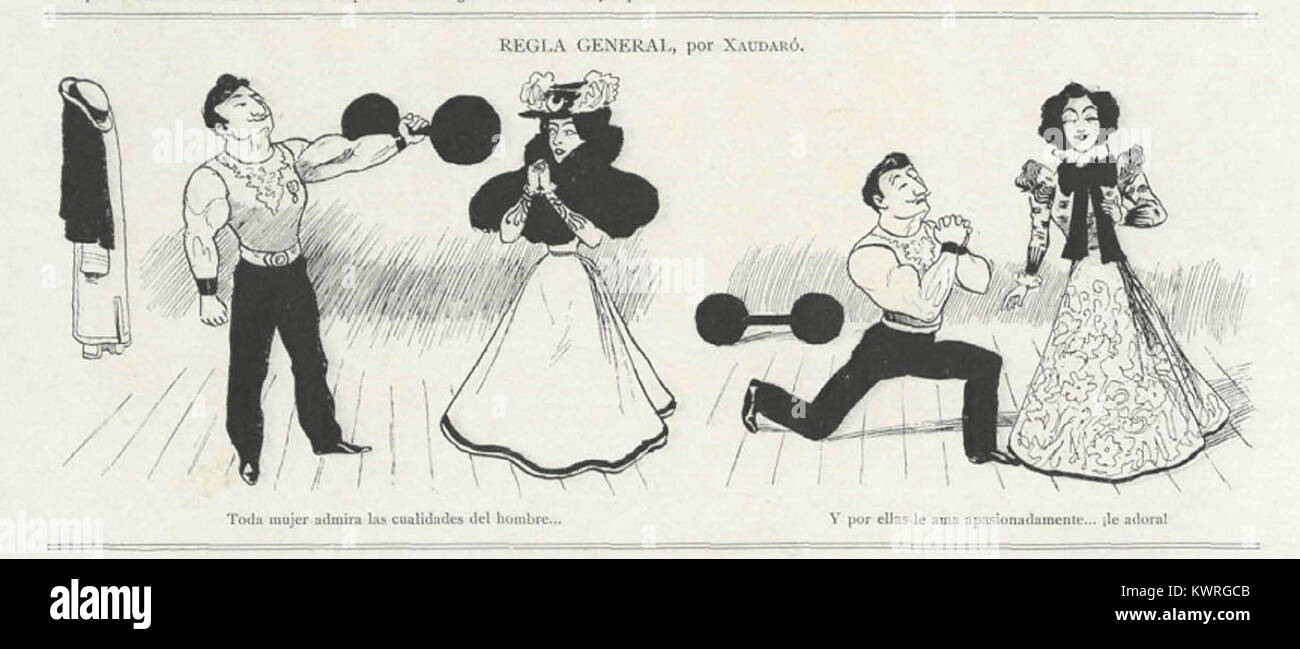 Un'illustrazione satirica di Joaquín Xaudaró intitolata "Regla General", raffigurante un commento sociale umoristico tipico dell'arte caricaturale spagnola del primo XX secolo. Foto Stock