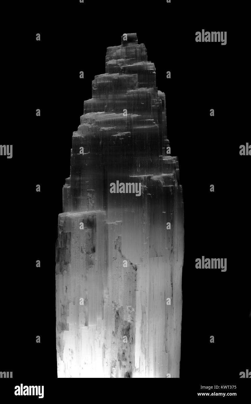 Torre Seletine, cristalli di gesso minerale. Close up, pallido traslucido campione della geologia. Devon, Regno Unito. Gennaio, 2018. Foto Stock
