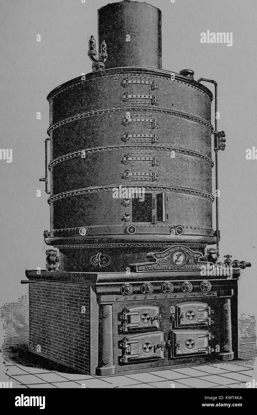 Immagine incisa, un illustrazione di ingegneria di un inizio di caldaia, utilizzata per fornire potenza vapore nelle fabbriche, 1901. La cortesia Internet Archive. Foto Stock