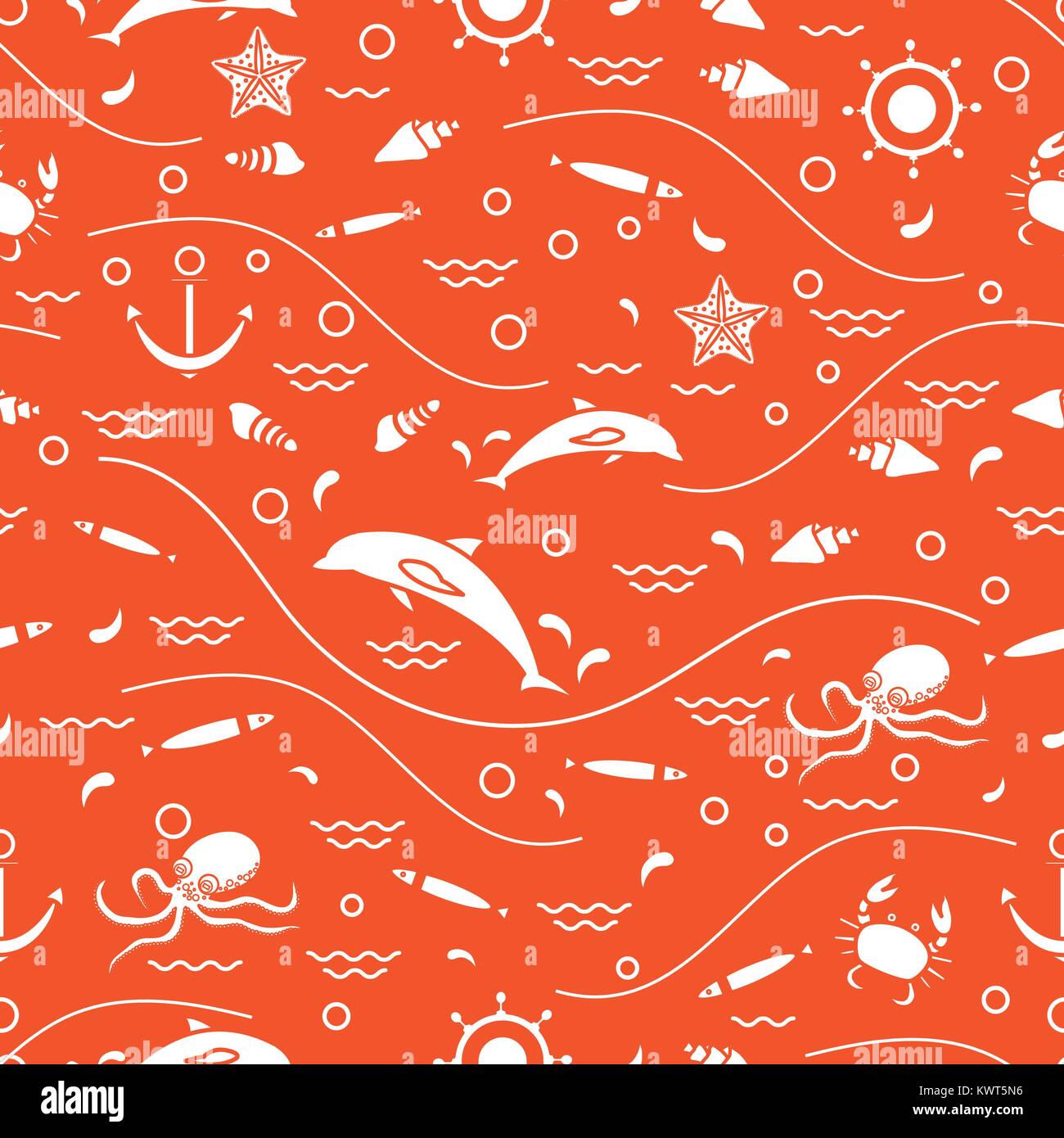 Carino seamless pattern con i delfini, polpi, pesce, ancoraggio, timone, onde, conchiglie, stelle marine, granchio. Design per banner, poster o di stampa. Illustrazione Vettoriale