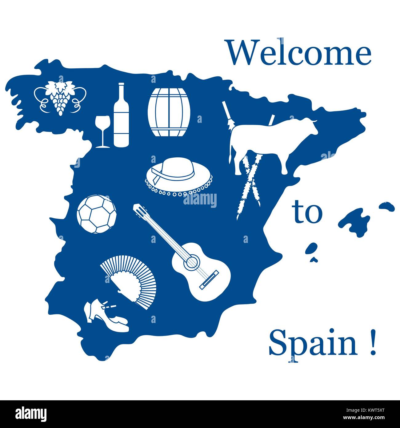 Illustrazione Vettoriale con vari simboli della Spagna. Viaggi e tempo libero. Design per banner, poster o di stampa. Illustrazione Vettoriale