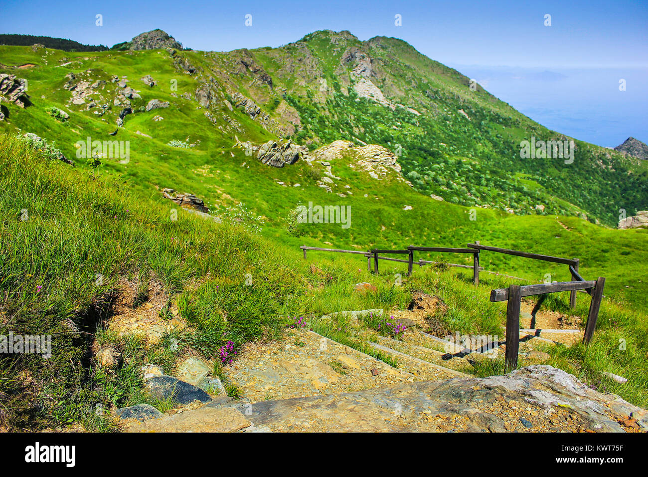 Paesaggio alpino con scale scendendo verso il Mar Mediterraneo nella nazionale del Beigua Geopark, Liguria, Italia Foto Stock