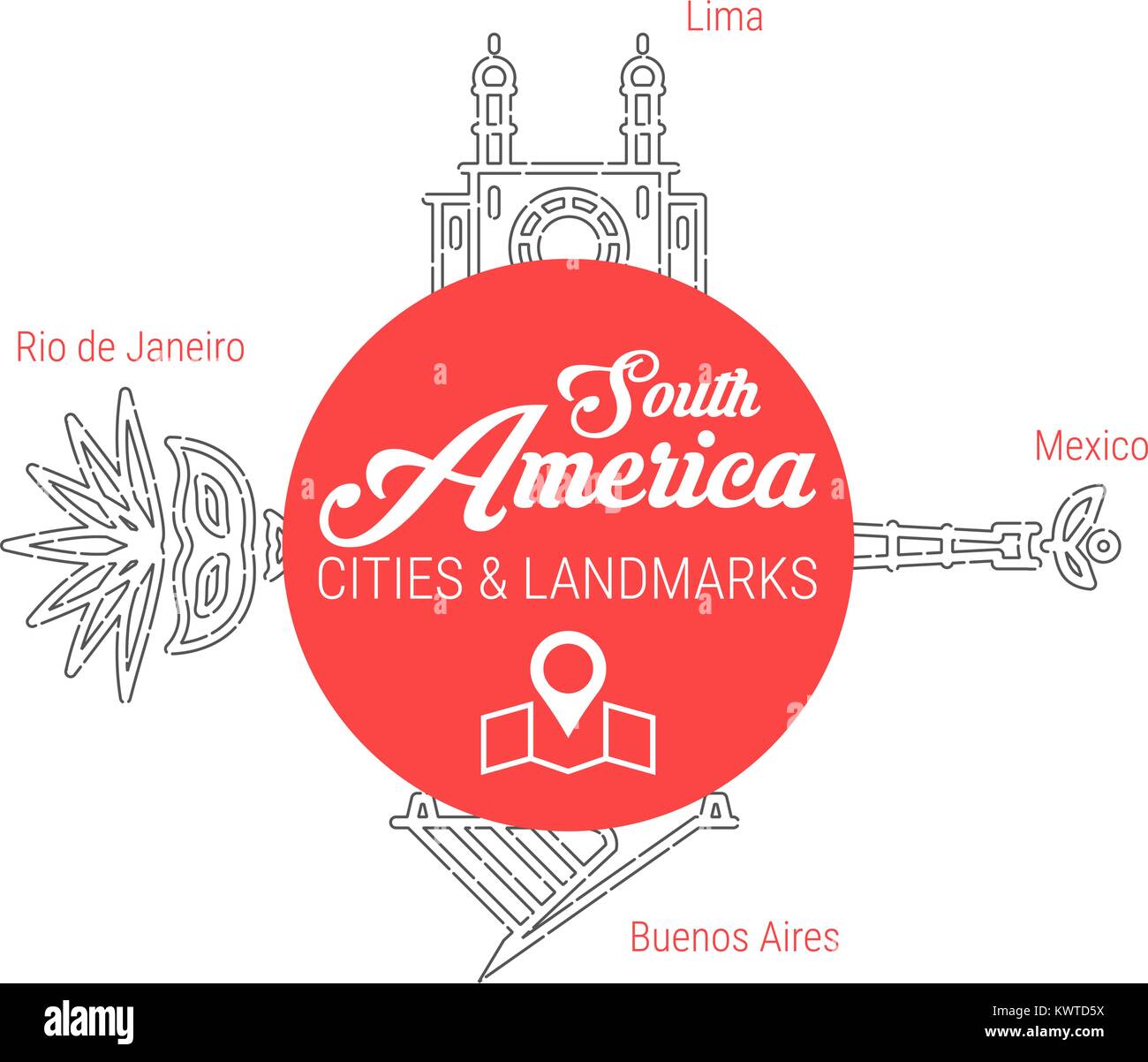 Famosa South American Punti di riferimento. Vettore di linea icona impostare Illustrazione Vettoriale