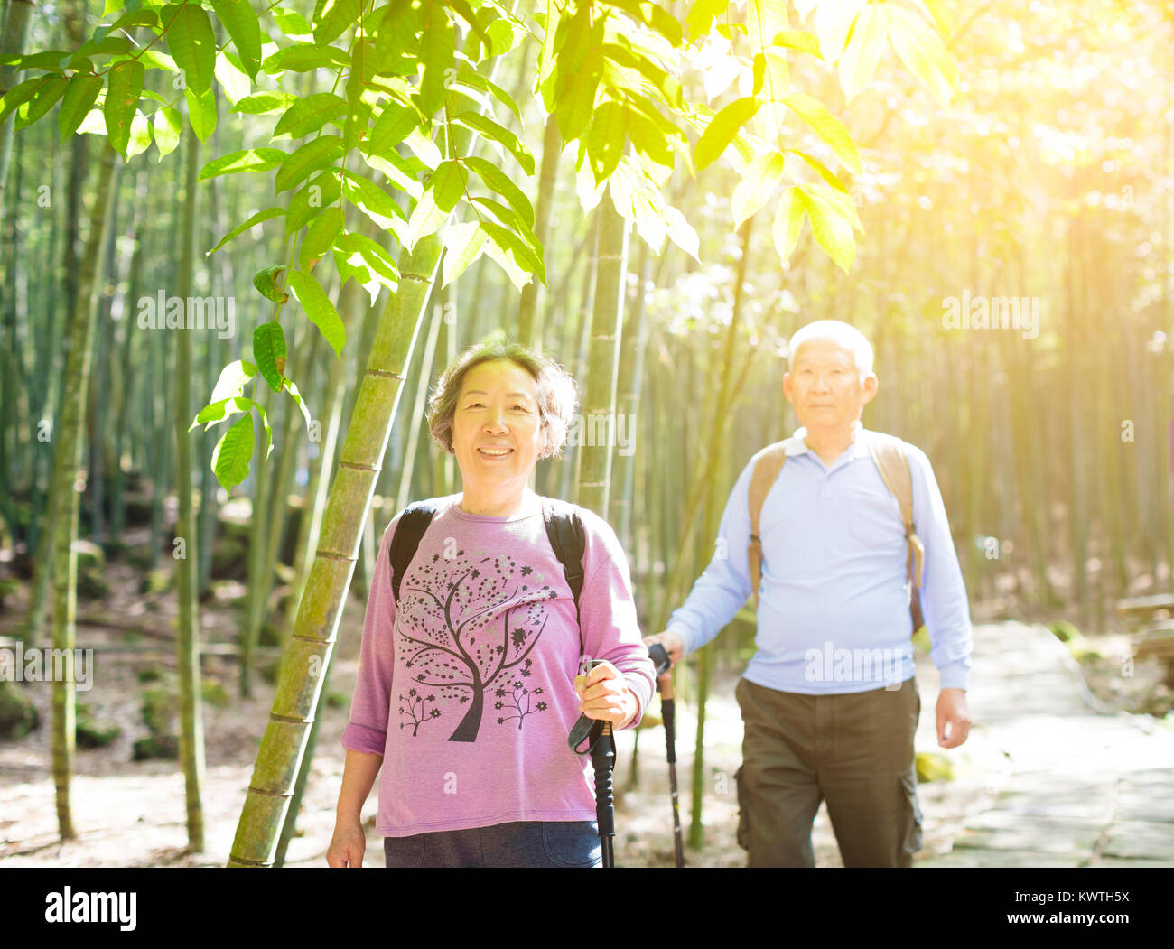 Coppia senior escursioni nel verde della foresta di bamboo Foto Stock