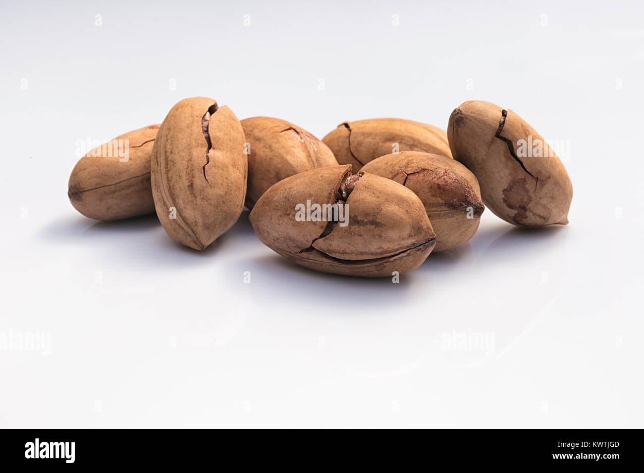 Noci pecan tagliate a (Carya illinoinensis), dado commestibili Foto Stock
