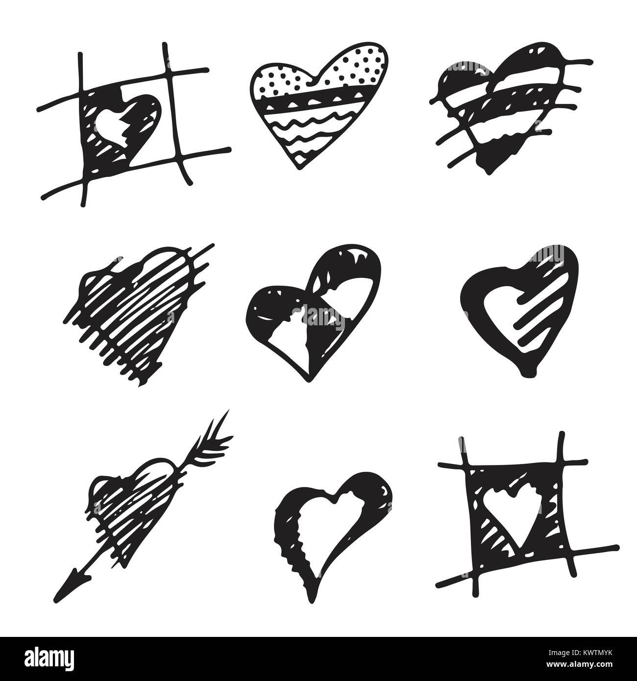 Set di retrò disegnati a mano icona per San Valentino e il giorno delle nozze. Nero su sfondo bianco illustrazioni vettoriali Illustrazione Vettoriale