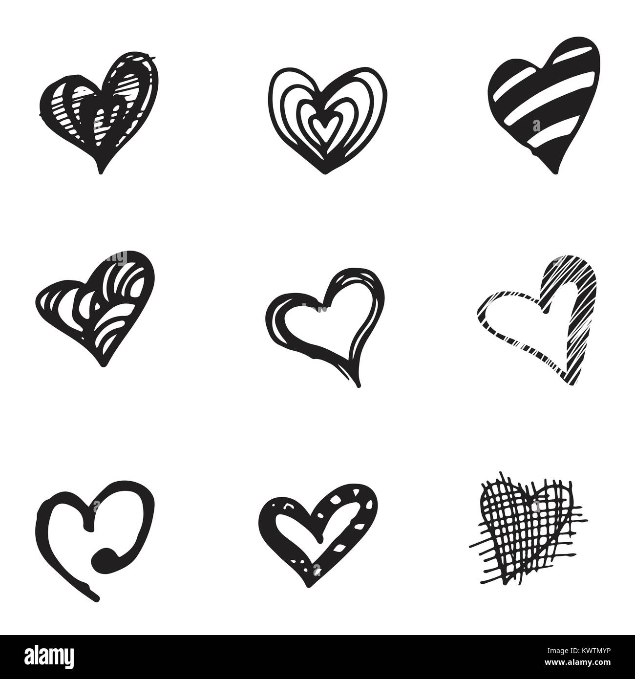 Set di retrò disegnati a mano icona per San Valentino e il giorno delle nozze. Nero su sfondo bianco illustrazioni vettoriali Illustrazione Vettoriale