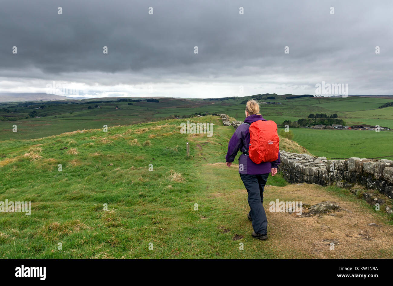 Walker per il vallo di Adriano sentiero vicino a balze Cawfield sotto un cielo meditabondo, Northumberland, Regno Unito Foto Stock