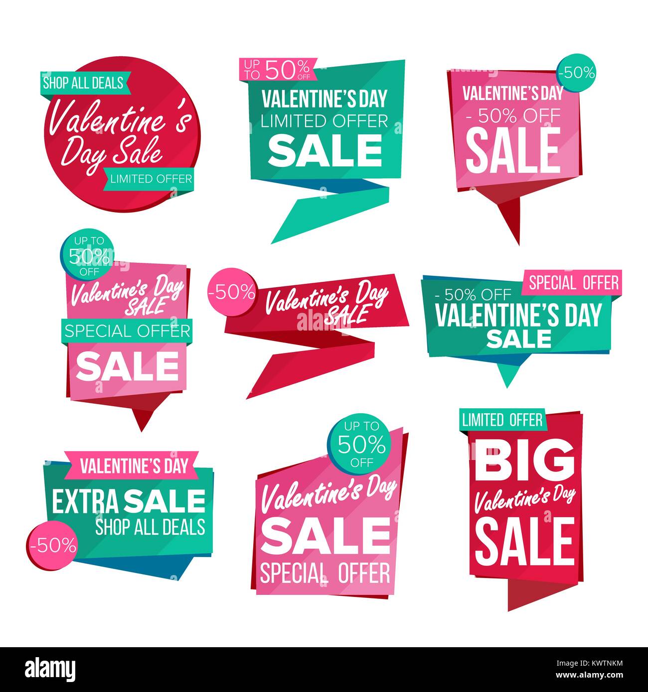 Giorno di San Valentino la vendita Banner vettore Set. Febbraio 14 Vendita Voucher Banner. Sito web adesivi, amore Pagina Web Design. Fino a 50 percento di sconto Valentine badge. Illustrazione isolato Illustrazione Vettoriale