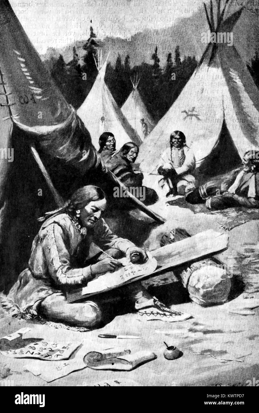 1921 Illustrazione che mostra Sequoyah il Cherokee argentiere c.1770-1843, chi ha inventato il Cherokee alfabeto sillabario o nel 1821 insegnando ai suoi compagni tribesmen. Egli era noto in inglese come George Gist o George indovinare. Ha firmato il suo nome Ssiquoya . Foto Stock