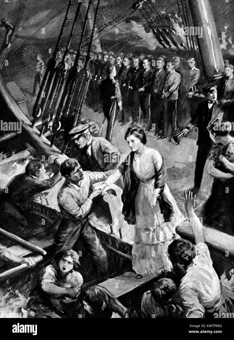 Il Relitto della HMS BIRKENHEAD (trasporto delle truppe in Sud Africa) - Lo scarico di donne e bambini in una scialuppa di salvataggio di sicurezza mentre le truppe rimaste sulla sfilata sul ponte a causa della mancanza delle imbarcazioni di salvataggio nel 1852 -(1921 illustrazione) Foto Stock